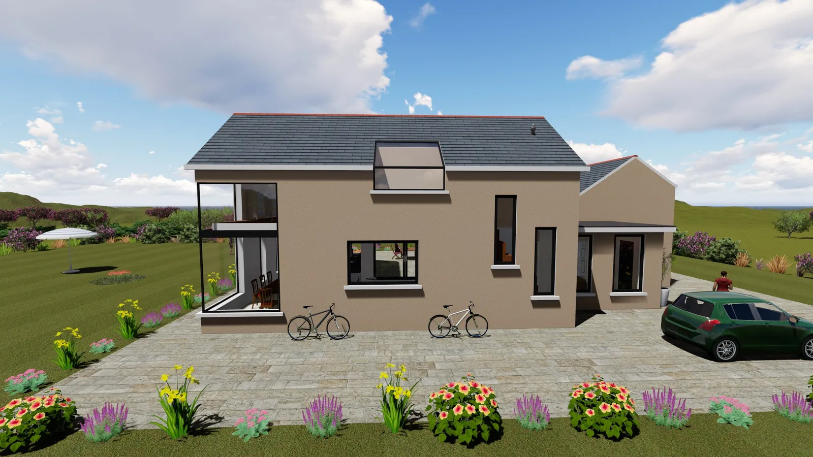 3D render of a contemporary home with a paved front garden and flower beds