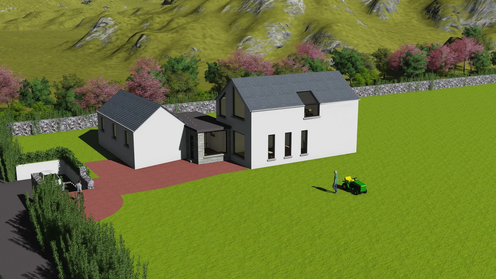 3D render of a two-storey house with a single-storey extension and paved yard