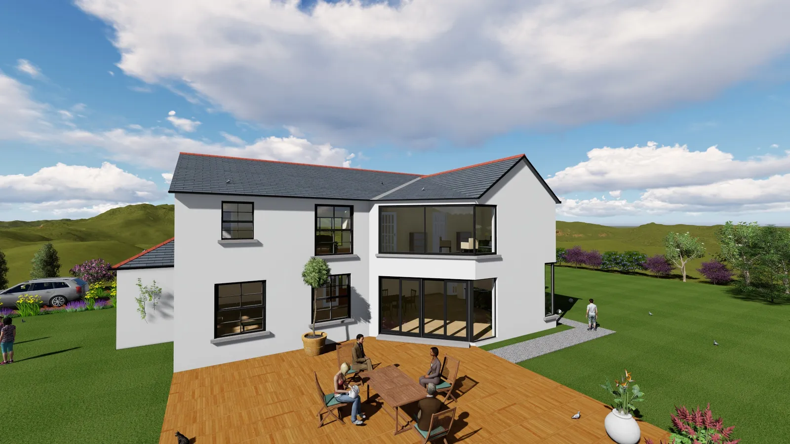 3D render of a two-storey home with a garden deck and outdoor dining area