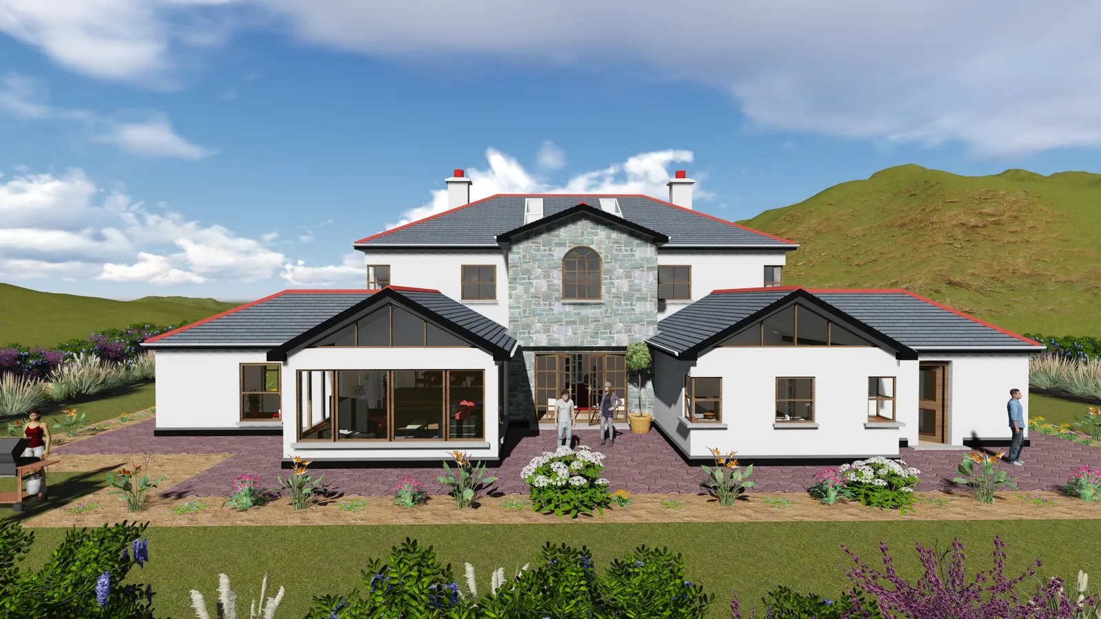 3D render of a large house with a stone-fronted central section and side wings